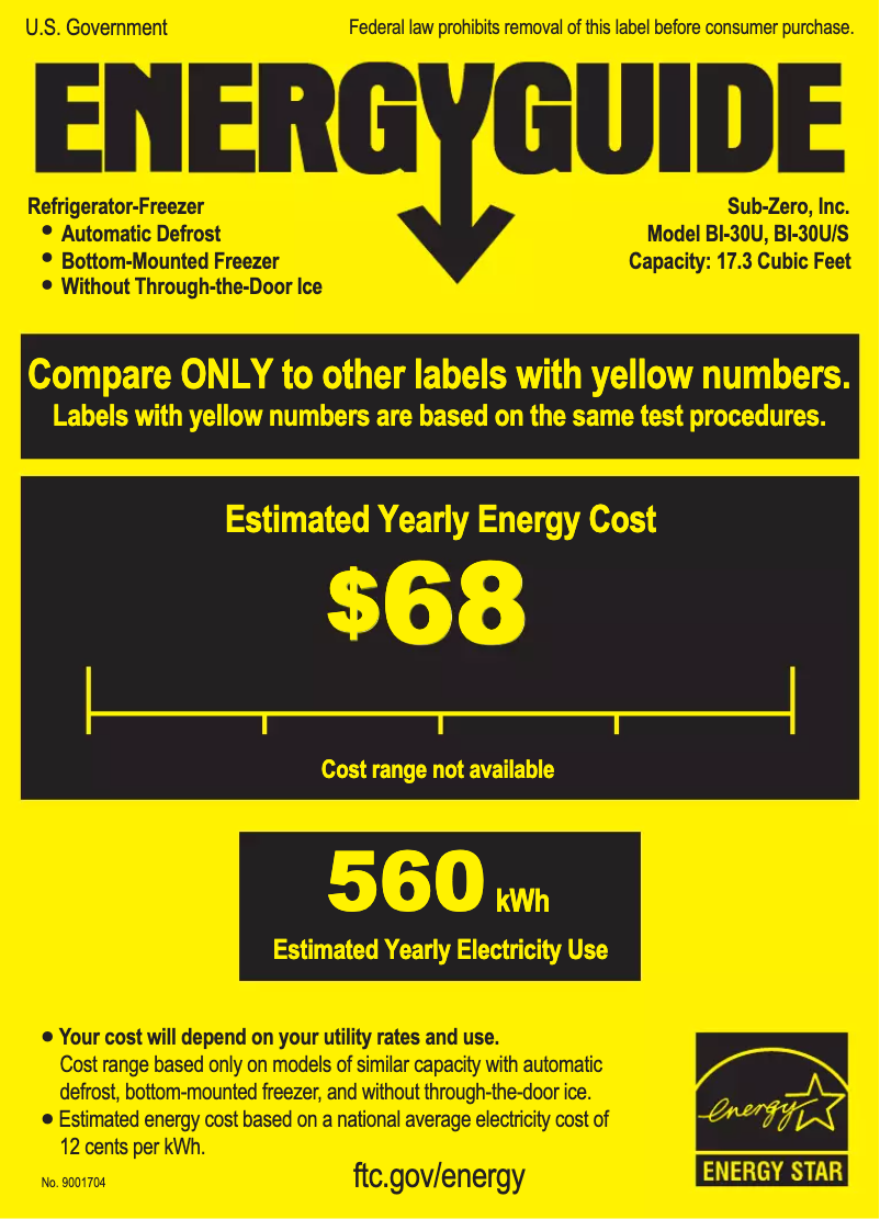Page 1 de la notice Label énergétique Sub-Zero BI-30U/S/PH-LH