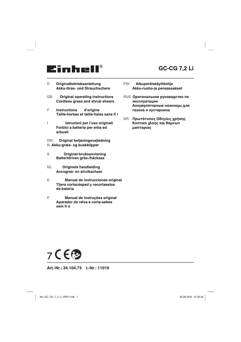 Page 1 de la notice Manuel utilisateur Einhell GC-CG 7,2 Li