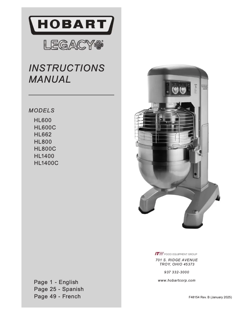 Page 1 de la notice Manuel utilisateur Hobart HL800