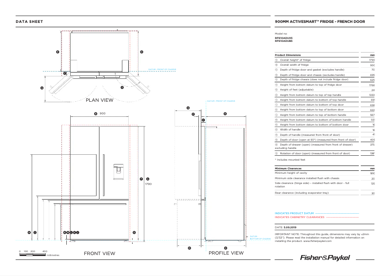 Page 1 de la notice Fiche technique Fisher & Paykel RF610ADUSB6