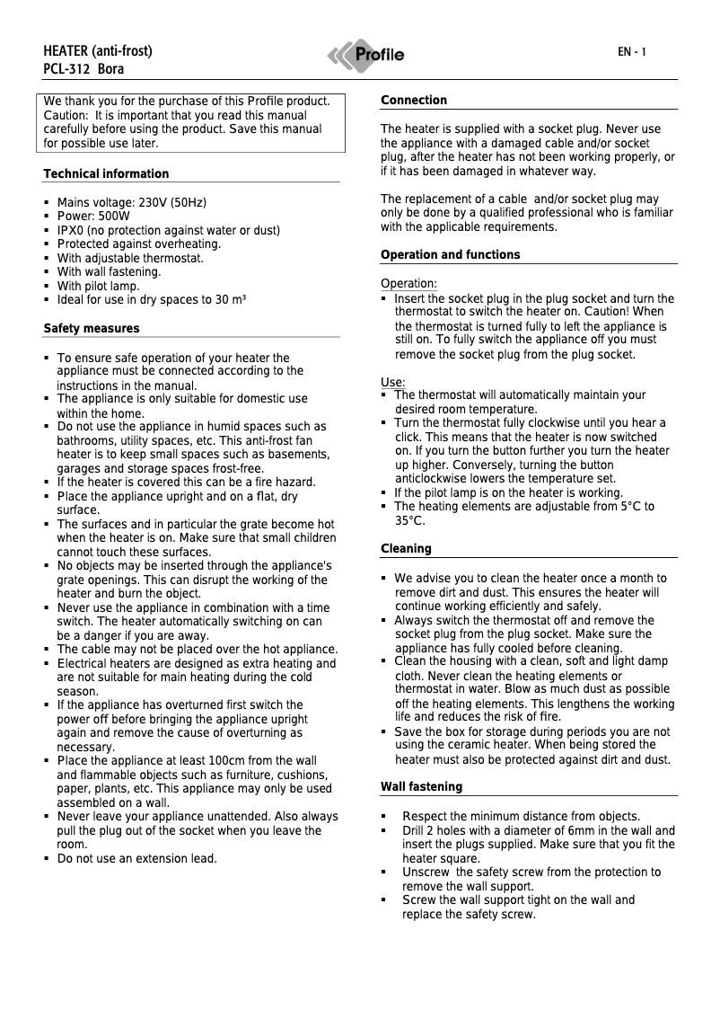 Page n°1 - Manuel utilisateur Profile PCL-312 Bora