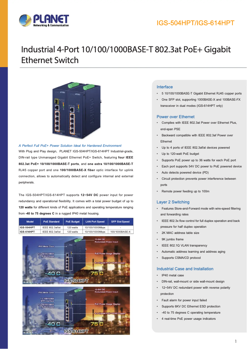 Page n°1 - Fiche technique Planet IGS-504HPT