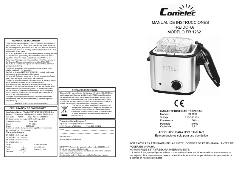 Page n°1 - Manuel utilisateur Comelec FR 1262