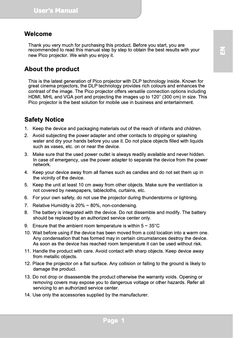 Page 1 de la notice Manuel utilisateur Aiptek PocketCinema N100