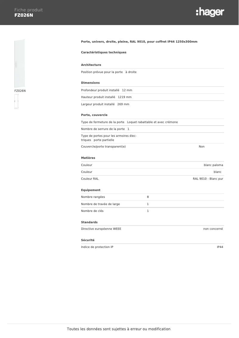 Page 1 de la notice Fiche technique Hager FZ026N