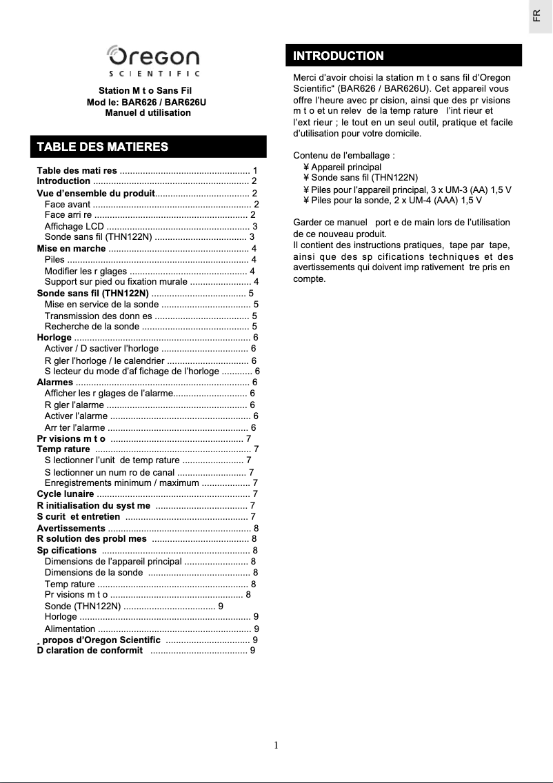 Page 1 of the manual User Manual Oregon Scientific BAR626