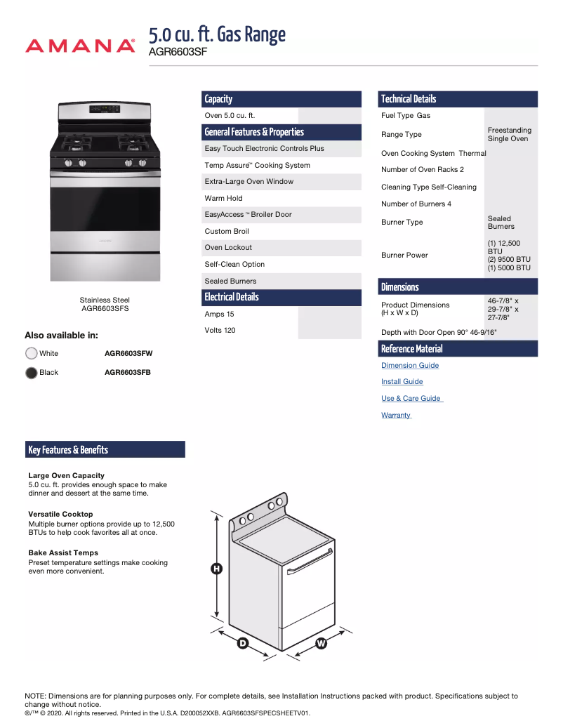 Page n°1 - Fiche technique Amana AGR6603SFW