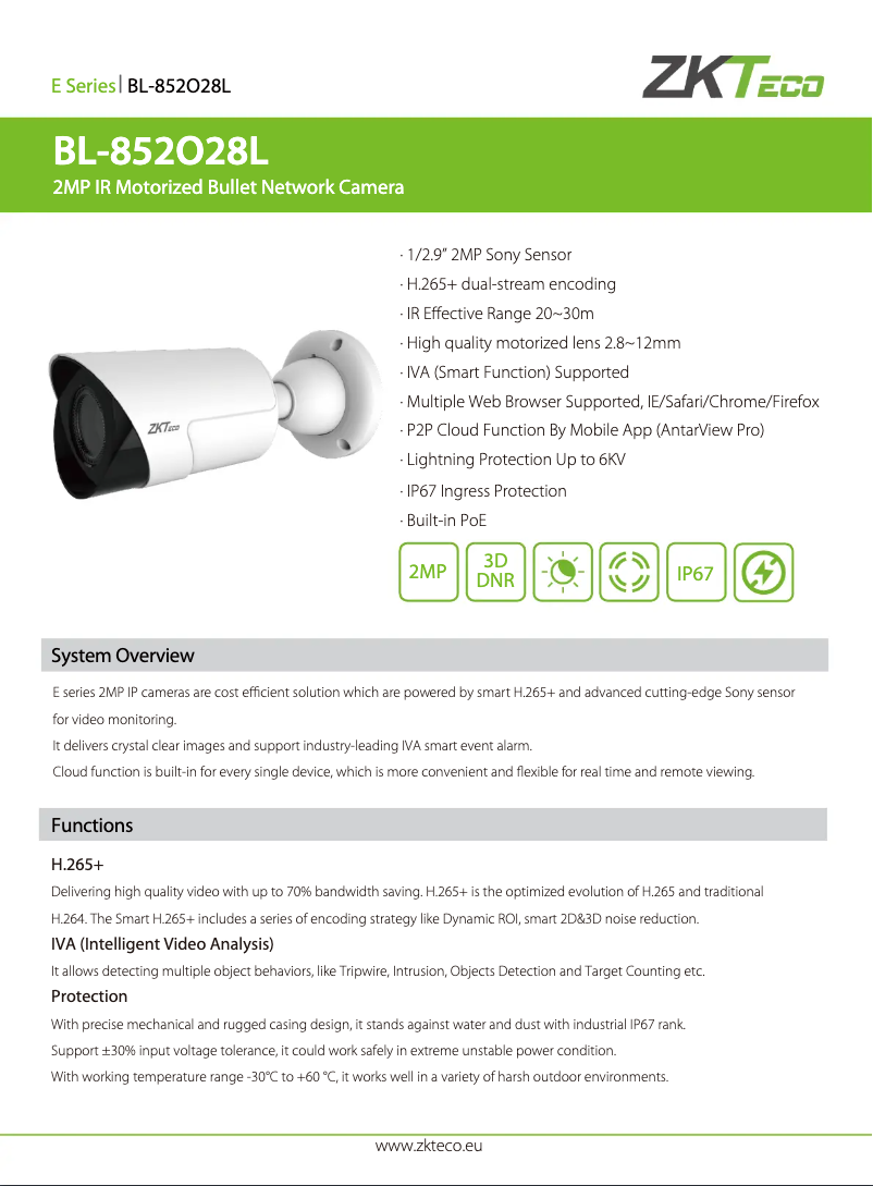 Page 1 de la notice Manuel utilisateur ZKTeco BL-852O28L