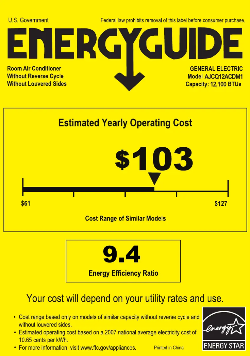Page n°1 - Label énergétique GE AJCQ12ACD