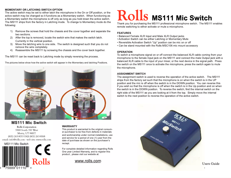 Page n°1 - Manuel utilisateur Rolls MicSwitch MS111