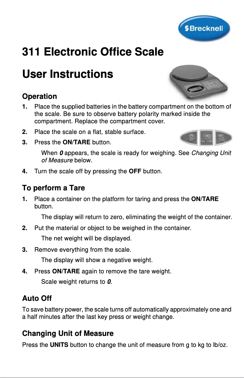 Page 1 de la notice Manuel utilisateur Brecknell 311