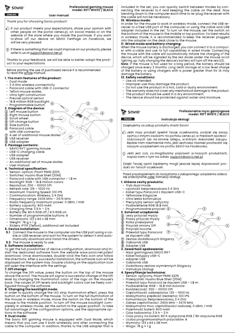 Page n°1 - Manuel utilisateur Savio Rift