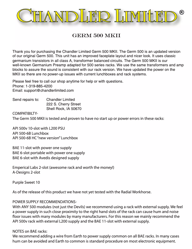 Page 1 de la notice Manuel utilisateur Chandler Germ 500 MKII