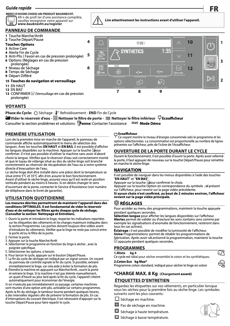 Page n°1 - Manuel utilisateur Bauknecht T Sense D 8X2SK EU