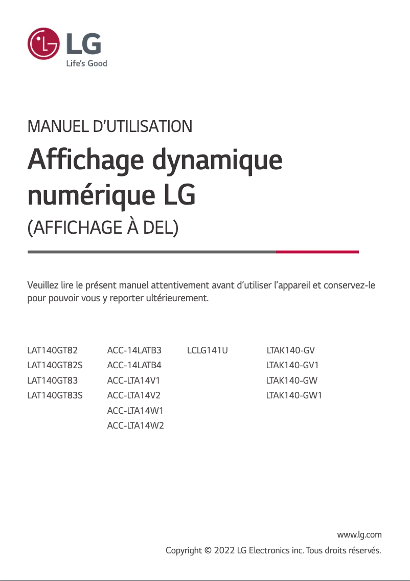Page n°1 - Manuel utilisateur LG LAT140GT82S