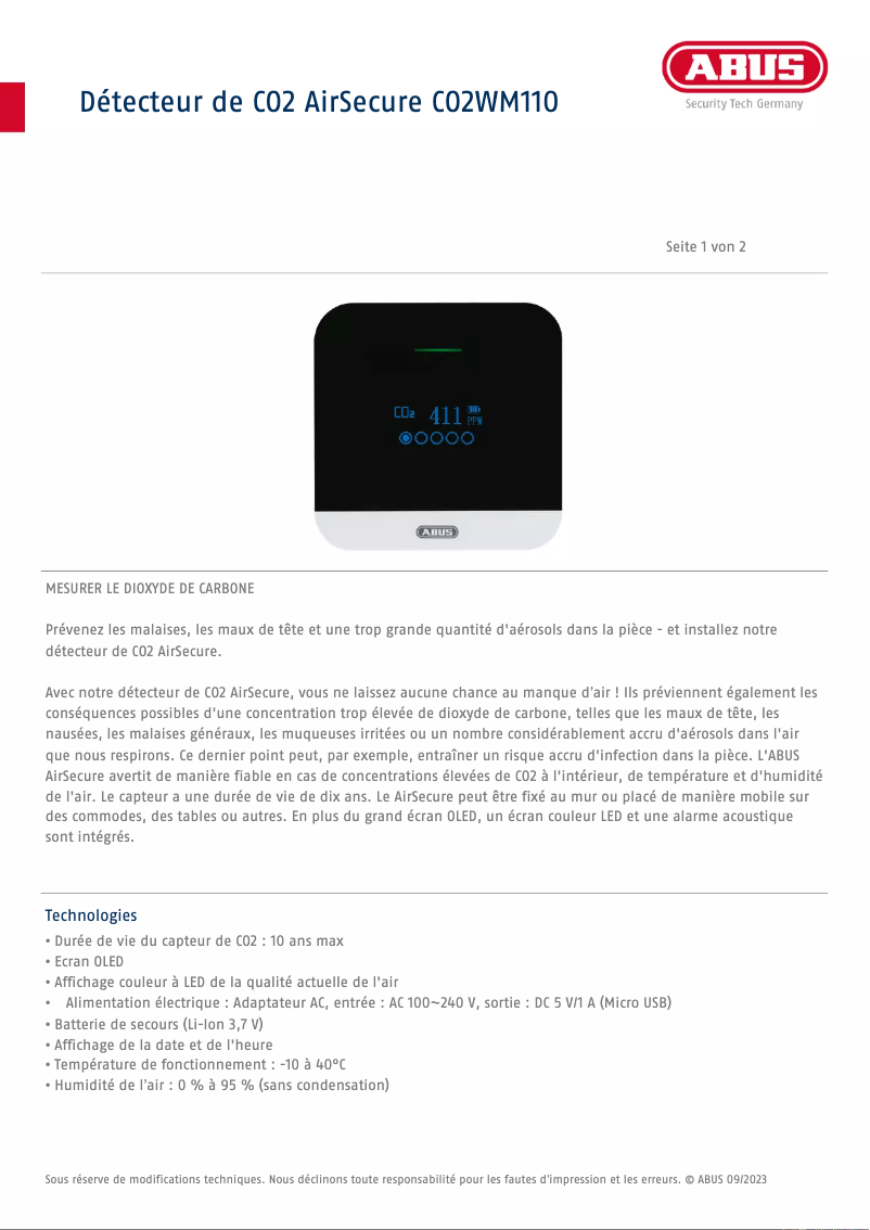Página 1 del manual Ficha técnica Abus AirSecure CO2WM110