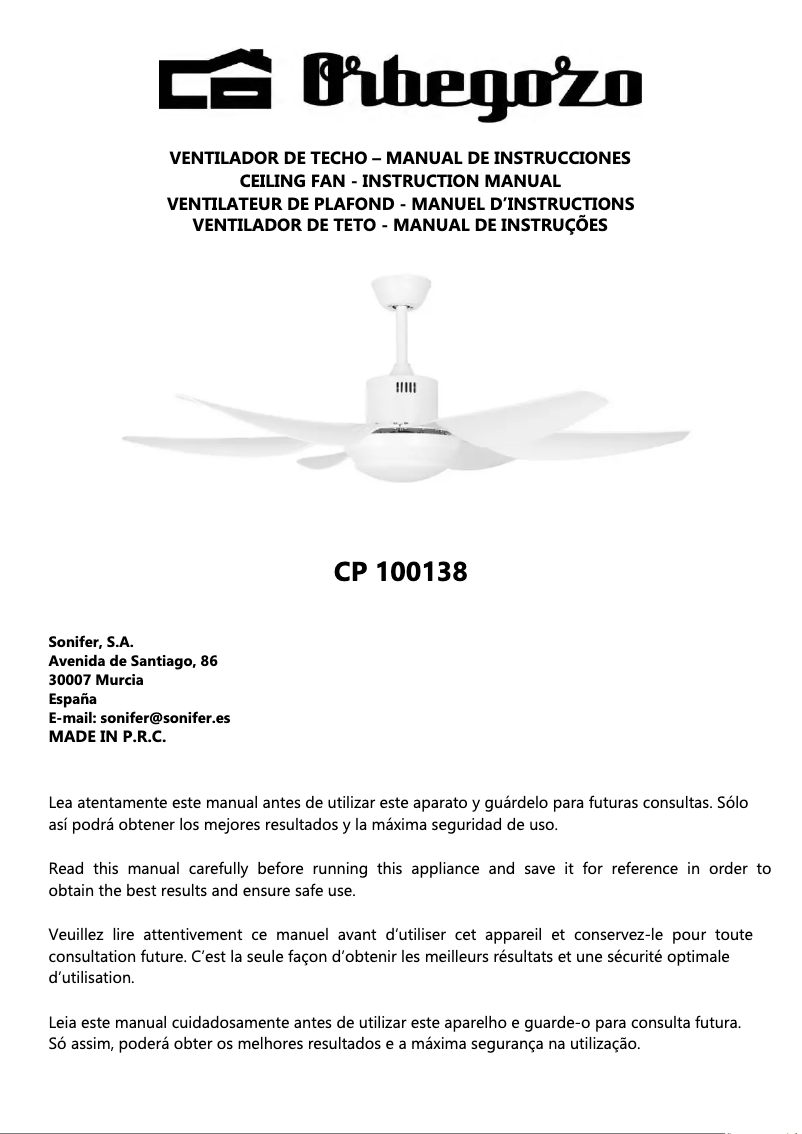 Page n°1 - Manuel utilisateur Orbegozo CP 100138