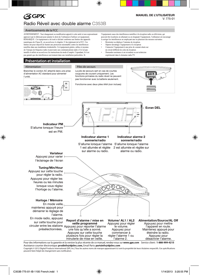 Page 1 de la notice Manuel utilisateur GPX C353B