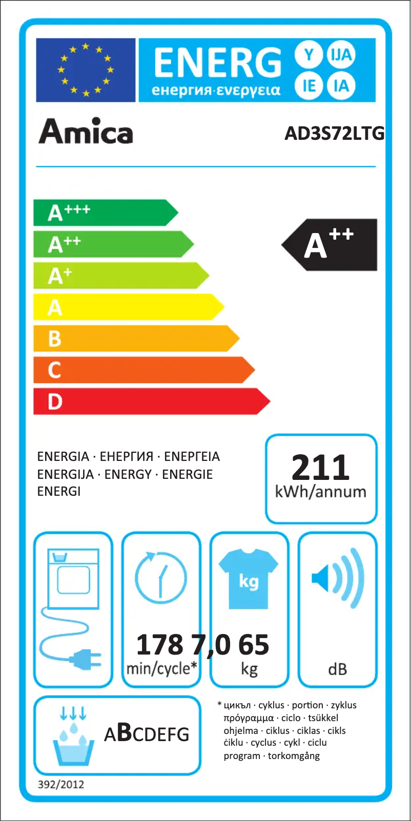 Page 1 de la notice Label énergétique Amica AD3S72LTG