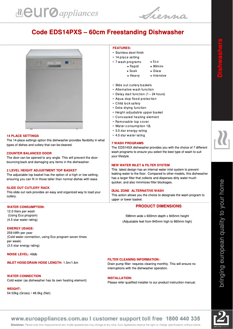 Page 1 de la notice Fiche technique Euro Appliances EDS14PXS