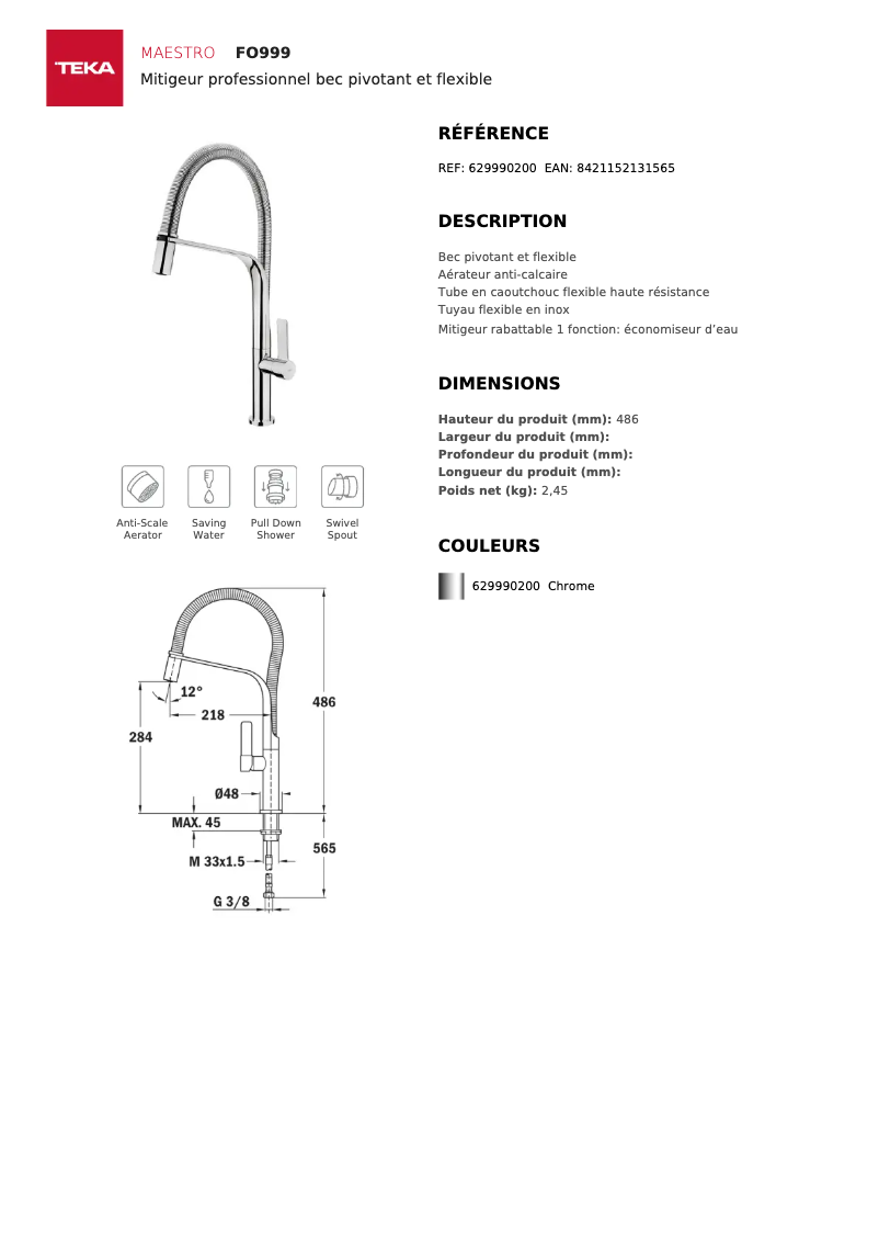 Page 1 de la notice Fiche technique Teka FO 999