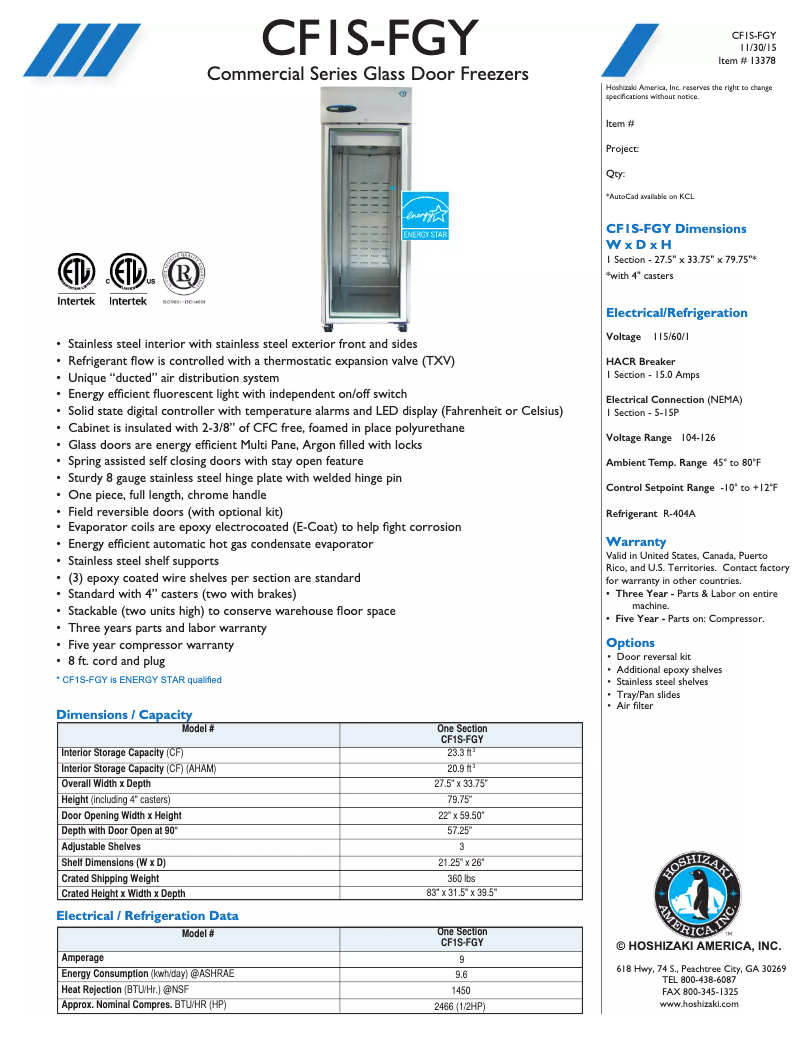 Page n°1 - Fiche technique Hoshizaki Commercial CF1S-FGY