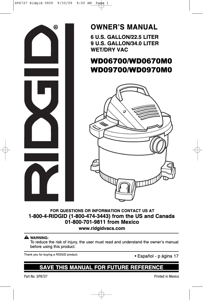 Página 1 del manual Manual de usuario Ridgid WD0670