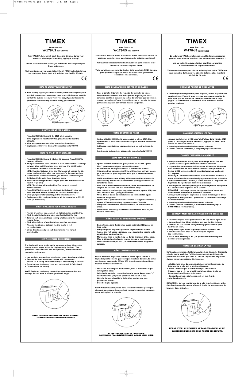 Page n°1 - Manuel utilisateur Timex W178-M620