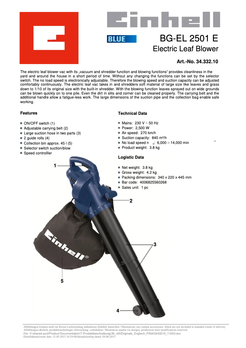 Page n°1 - Manuel utilisateur Einhell BG-EL 2501 E