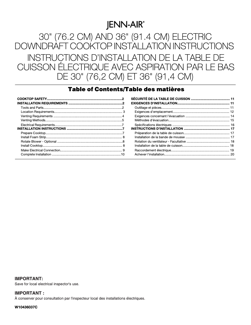 Page 1 de la notice Guide d'installation JennAir JED3430WF