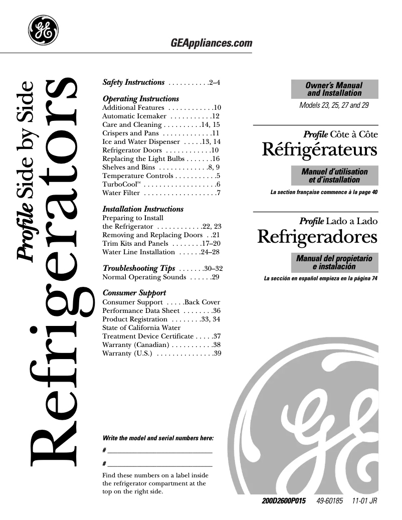 Page 1 de la notice Guide d'installation GE Profile Arctica PSS27MGNWW