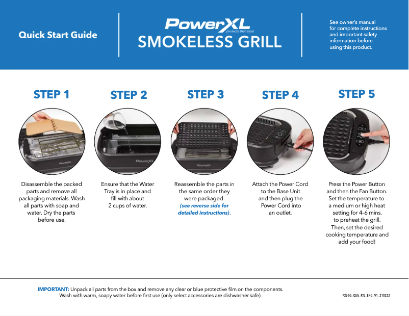 Page n°1 - Guide de démarrage rapide PowerXL Smokeless Grill PG-1500