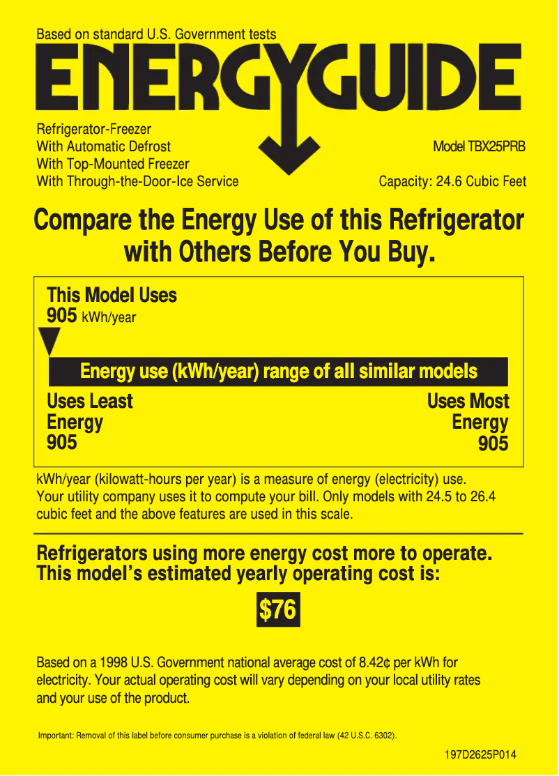 Page n°1 - Label énergétique GE Profile TBX25PRBLAA