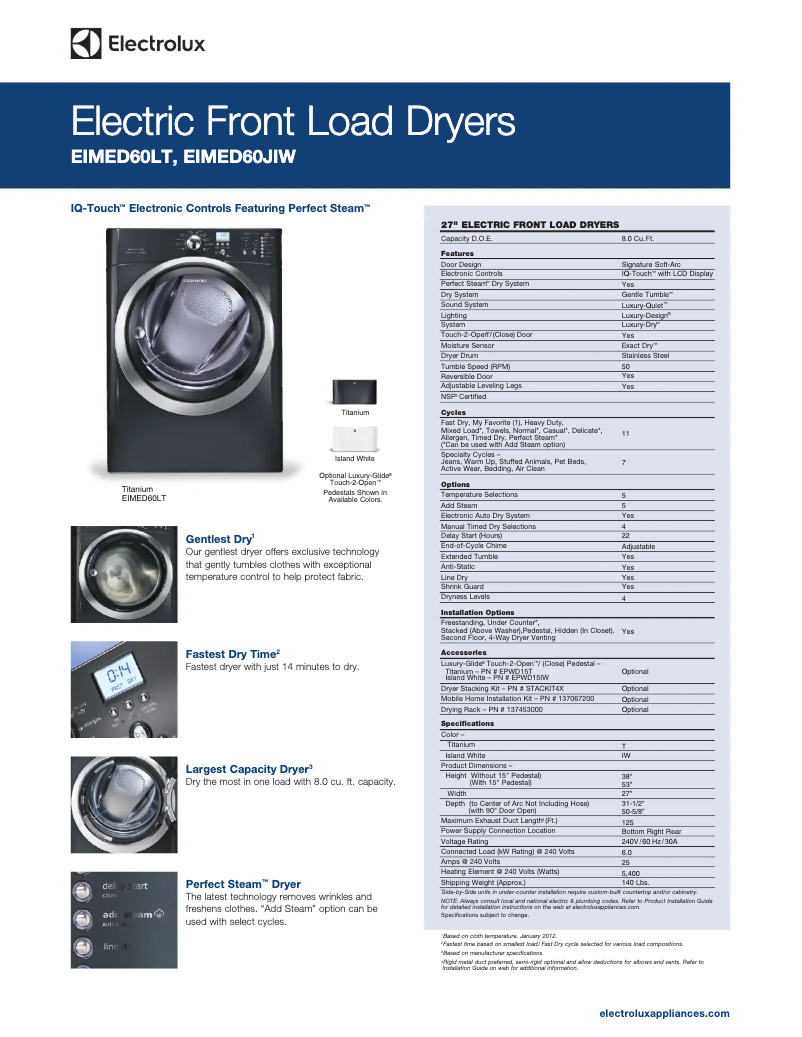 Page 1 de la notice Fiche technique Electrolux EIMED60LT