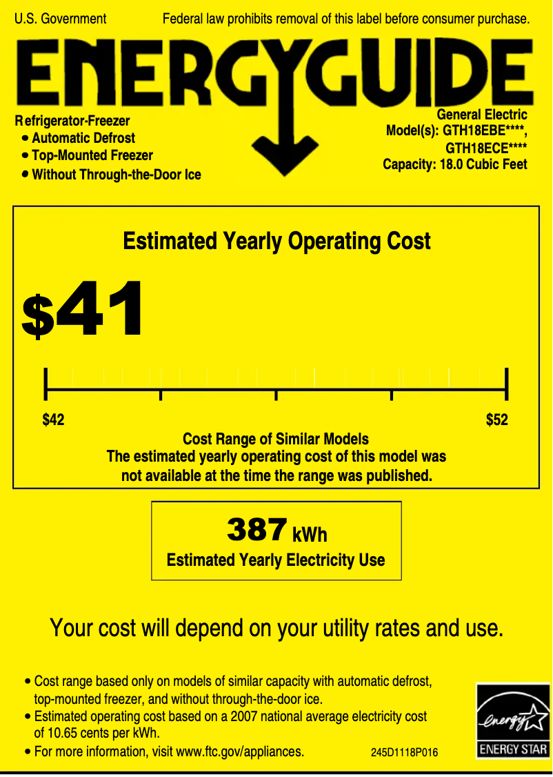 Página 1 del manual Etiqueta energética GE GTH18EBEBB