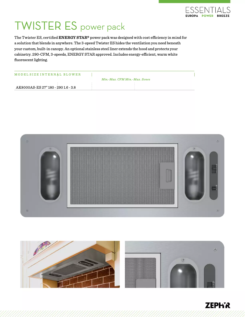 Page 1 de la notice Fiche technique Zephyr AK8000ASES