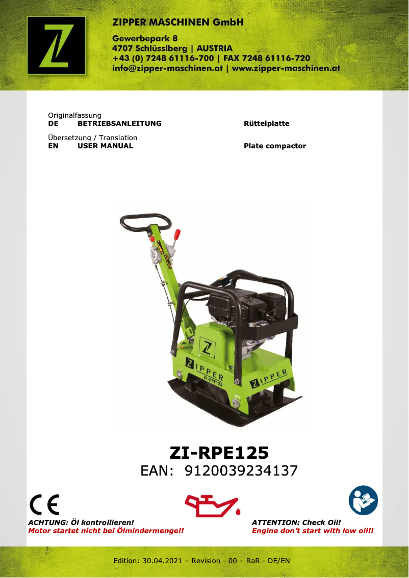 Page n°1 - Manuel utilisateur Zipper ZI-RPE125