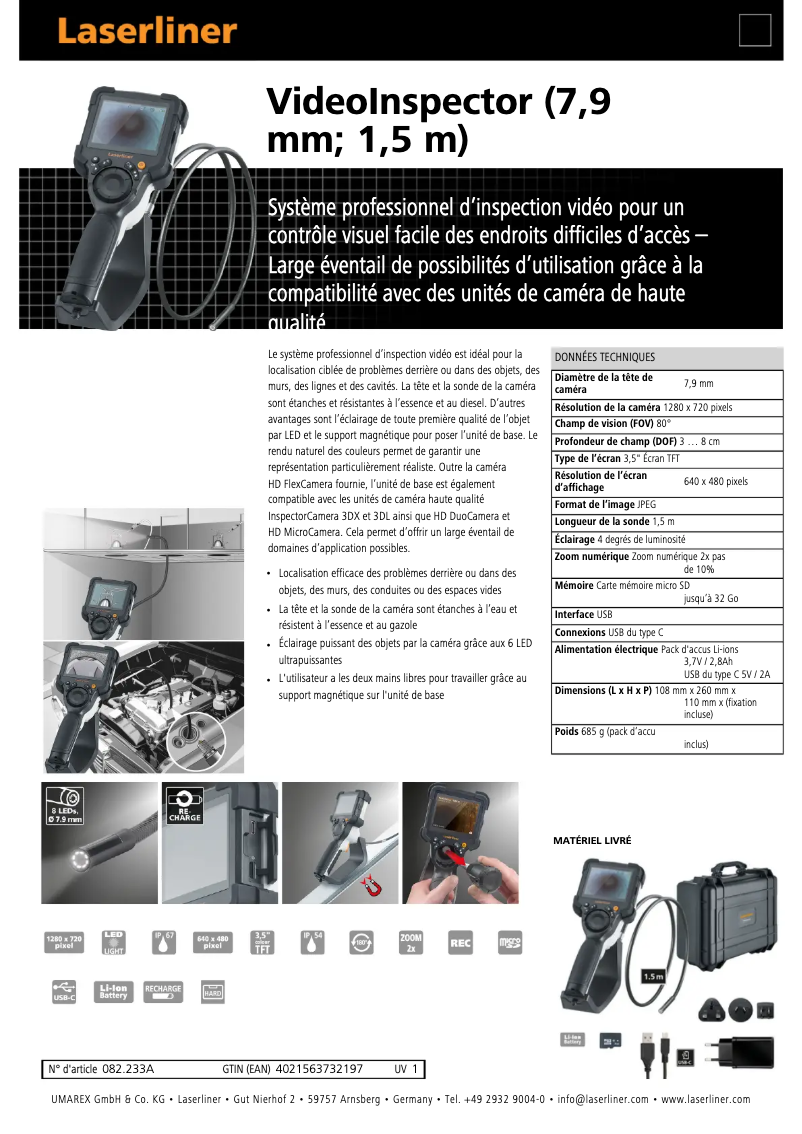Page 1 de la notice Fiche technique Laserliner VideoInspector