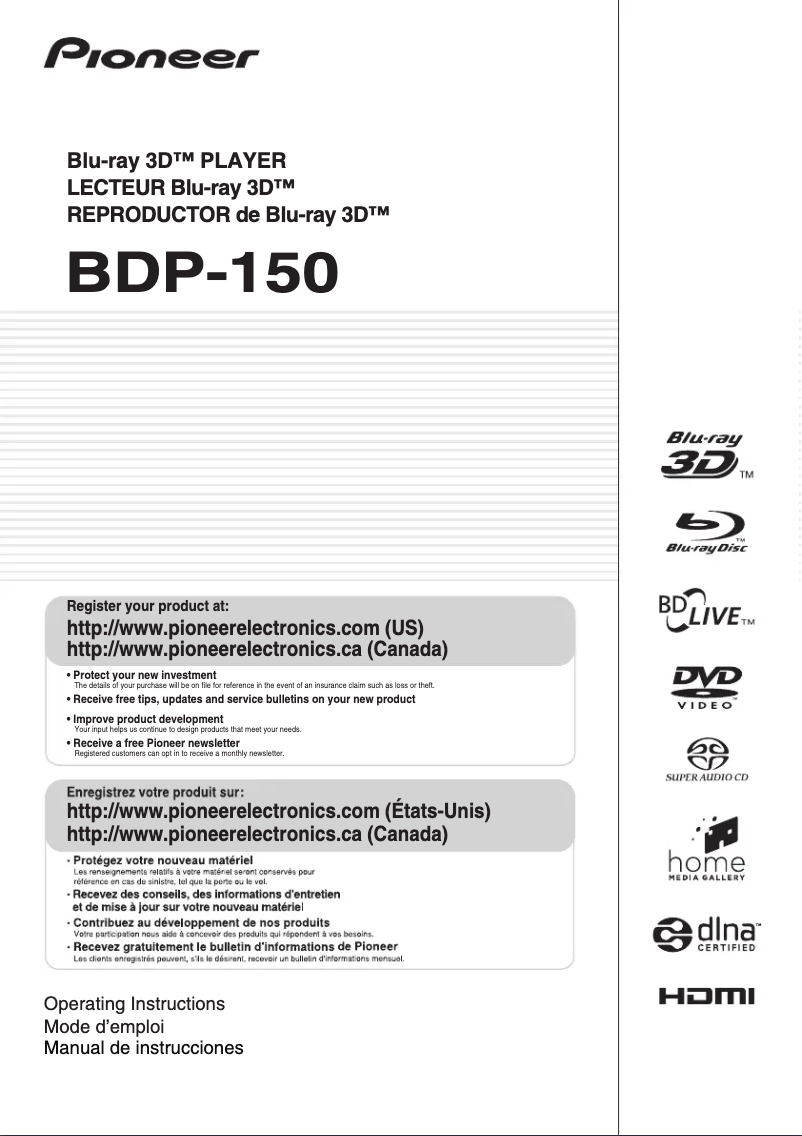 Page 1 de la notice Manuel utilisateur Pioneer BDP-150
