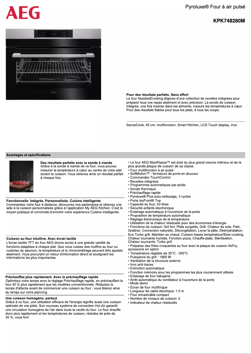 Page 1 de la notice Fiche technique AEG KPK748280M