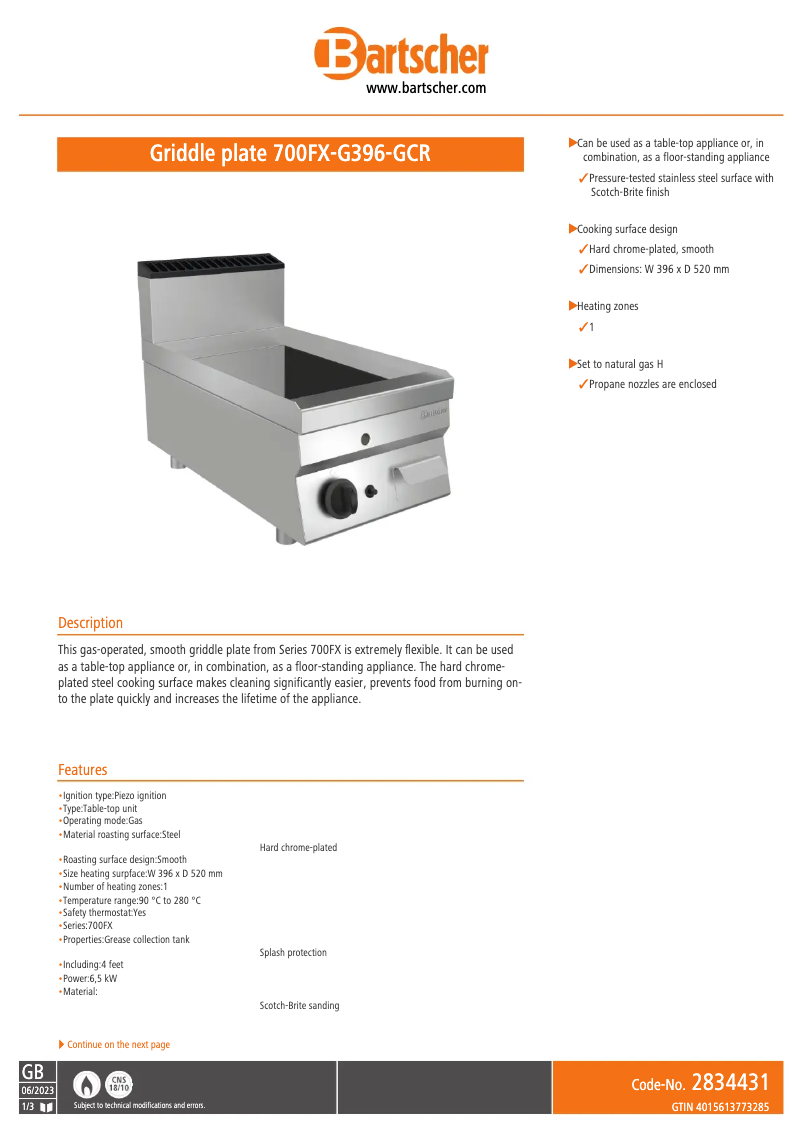Page 1 de la notice Fiche technique Bartscher 700FX-G396-GCR