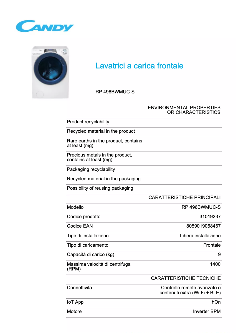 Page 1 de la notice Fiche technique Candy RP 496BWMUC-S