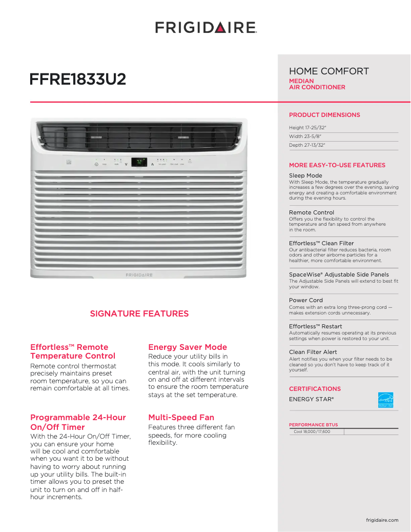 Page 1 de la notice Fiche technique Frigidaire FFRE1833U2