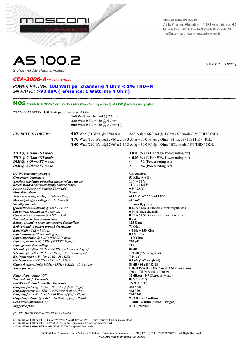 Page n°1 - Fiche technique Mosconi AS 100.2