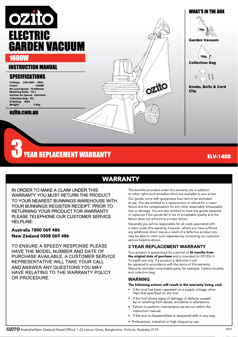 Page 1 de la notice Manuel utilisateur Ozito ELV-1400