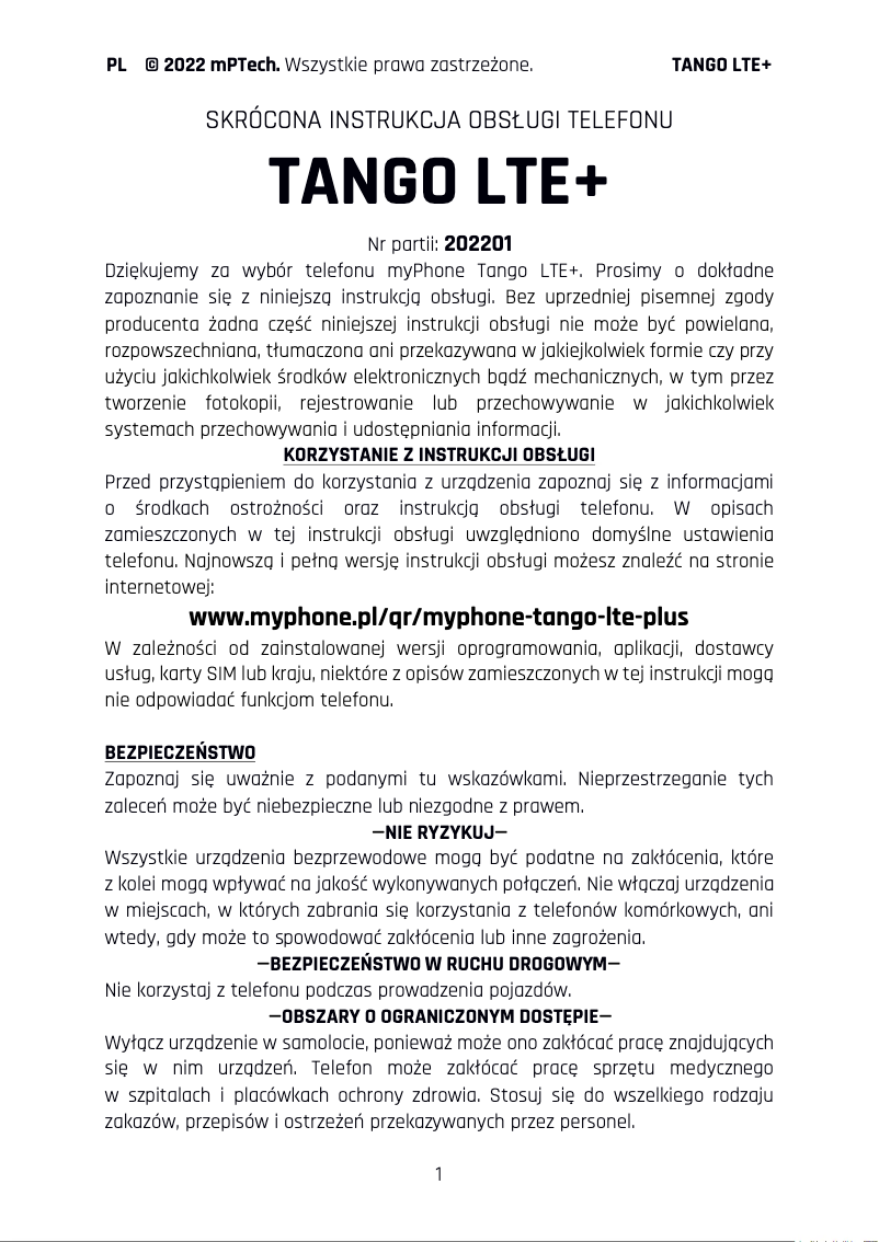 Página 1 del manual Manual de usuario myPhone Tango LTE+