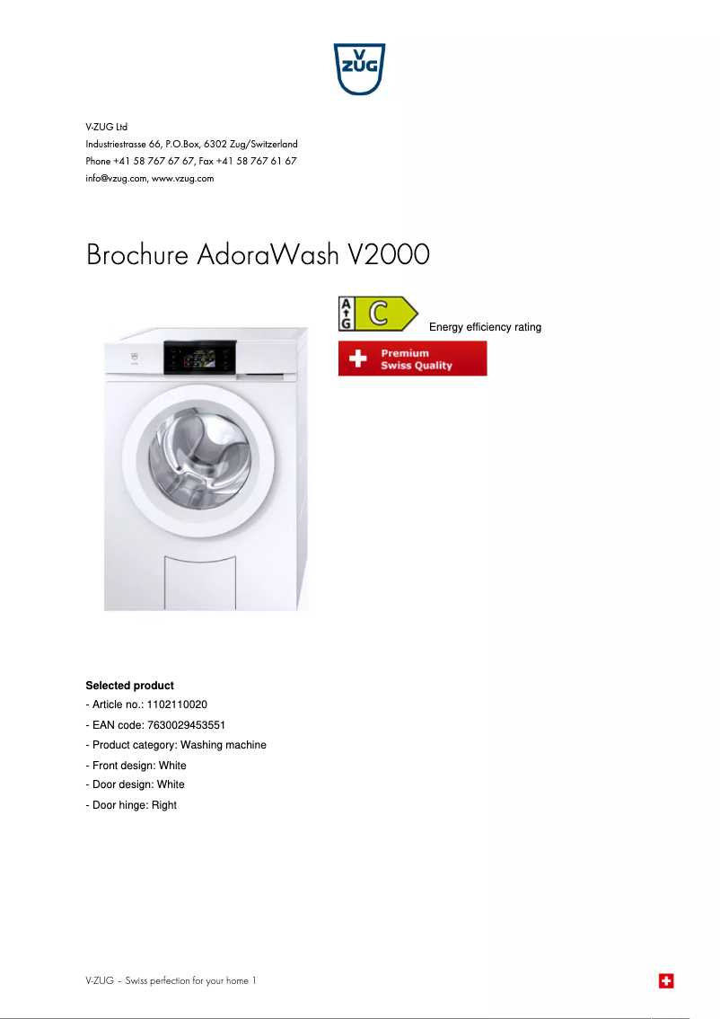 Page 1 de la notice Brochure V-Zug AdoraWash V2000