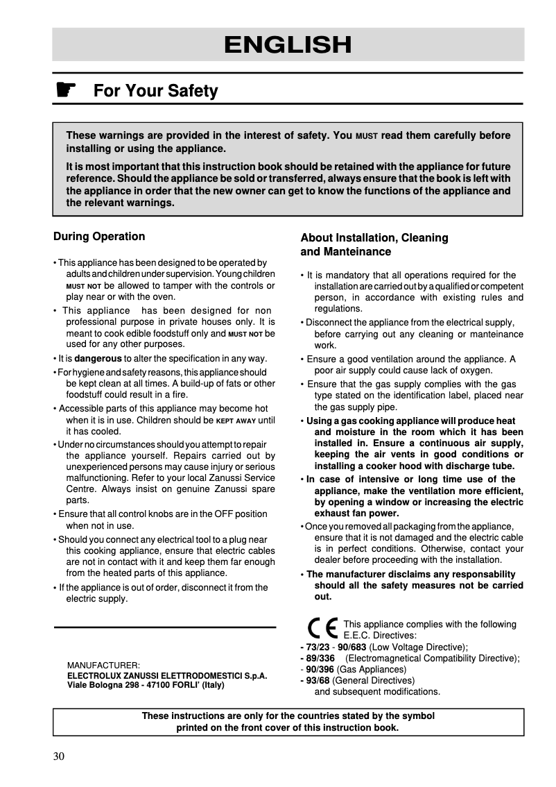 Page n°1 - Manuel utilisateur Zanussi ZGG643ICW