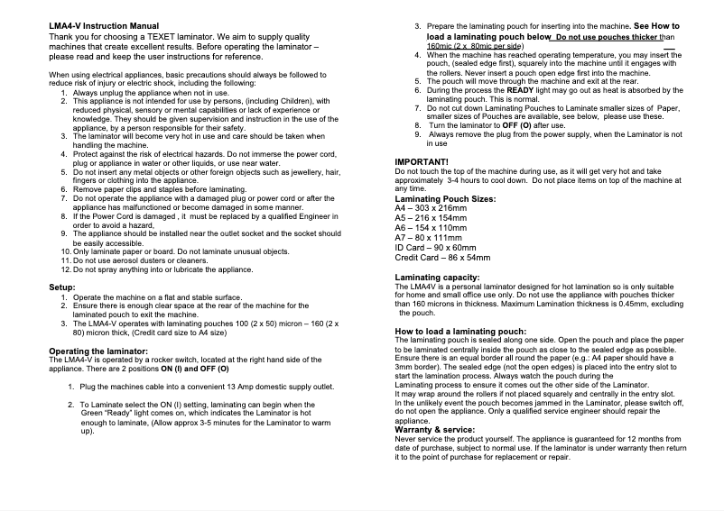 Page 1 de la notice Manuel utilisateur Texet LMA4V