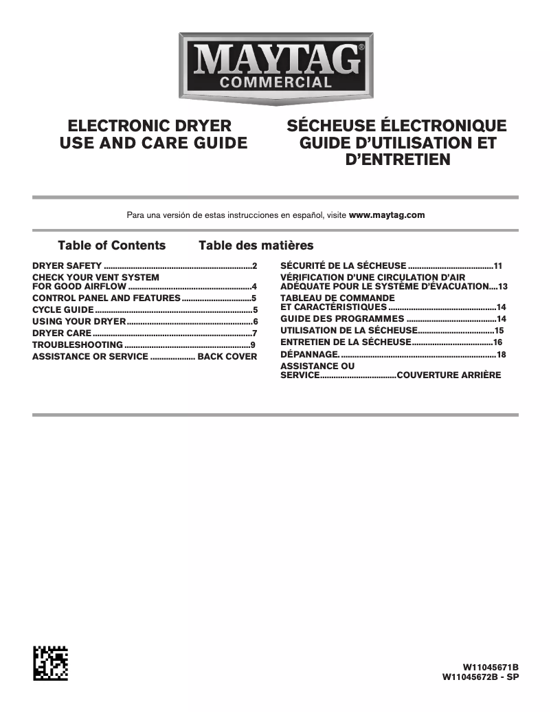 Page 1 de la notice Manuel d'utilisation et d'entretien Maytag MGDP575GW